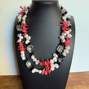 Exotic Design Pearl , Coral, Quartz, and Black Obsidian Stone Necklace